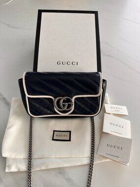 Gucci GG Marmont Matelasse Diagonal Super Mini Torchon Bag Blue Agata White Trim